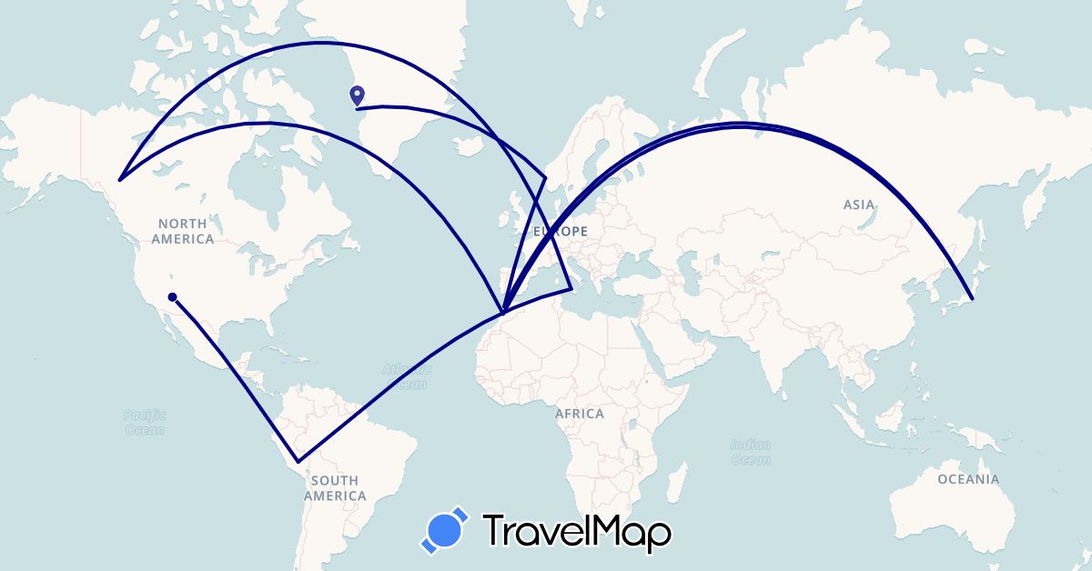 TravelMap itinerary: driving in Canada, Greenland, Italy, Japan, Morocco, Norway, Peru, United States (Africa, Asia, Europe, North America, South America)